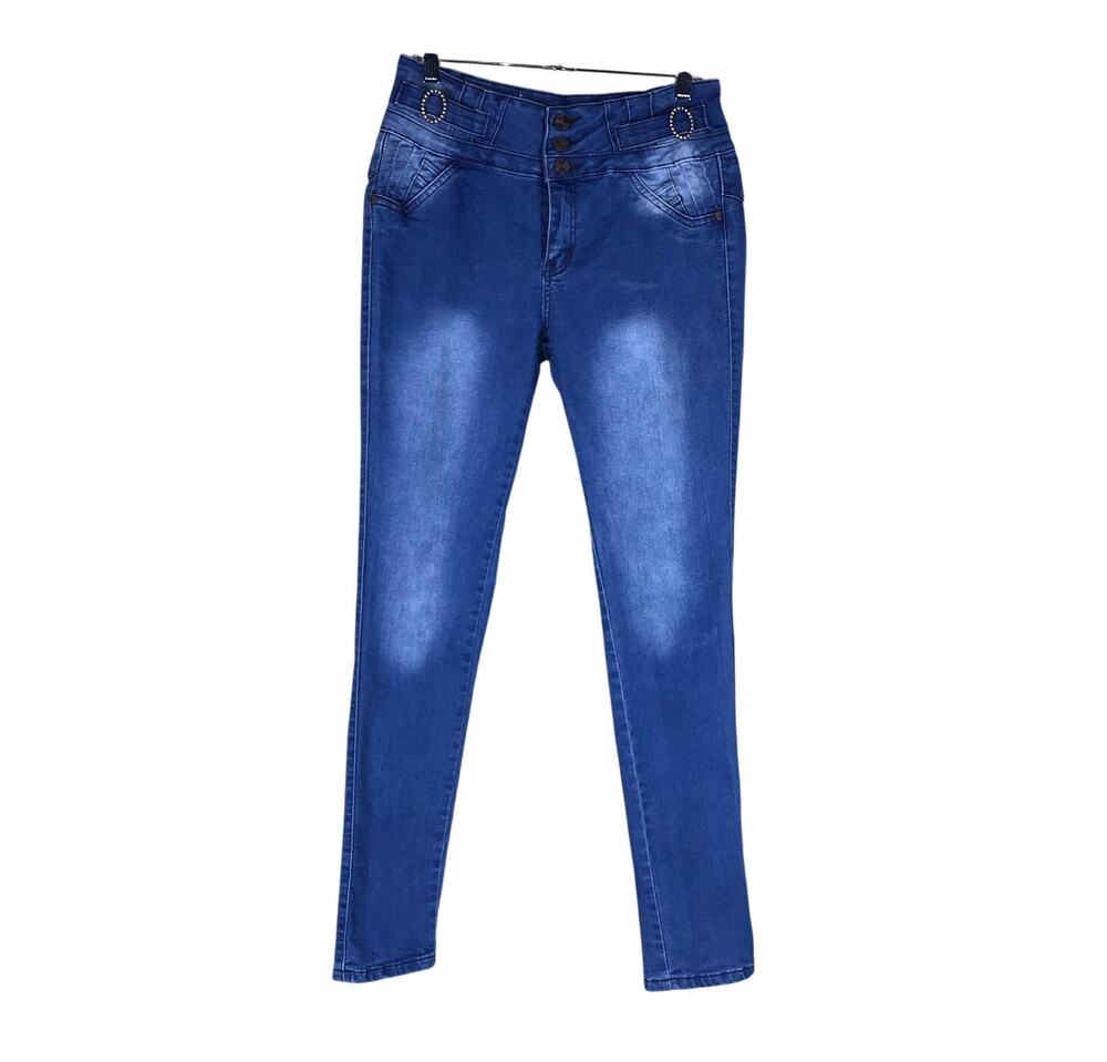 M. Michel Jeans Women’s Juniors 13 Dark Wash High Rise Rhinestone Buckle Skinny
